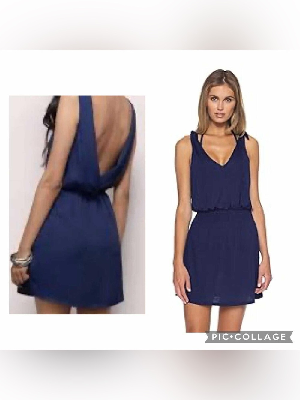 New NWT Designer TOBI Navy Open Drape Back V Plunge Mini Dress Sz. S
